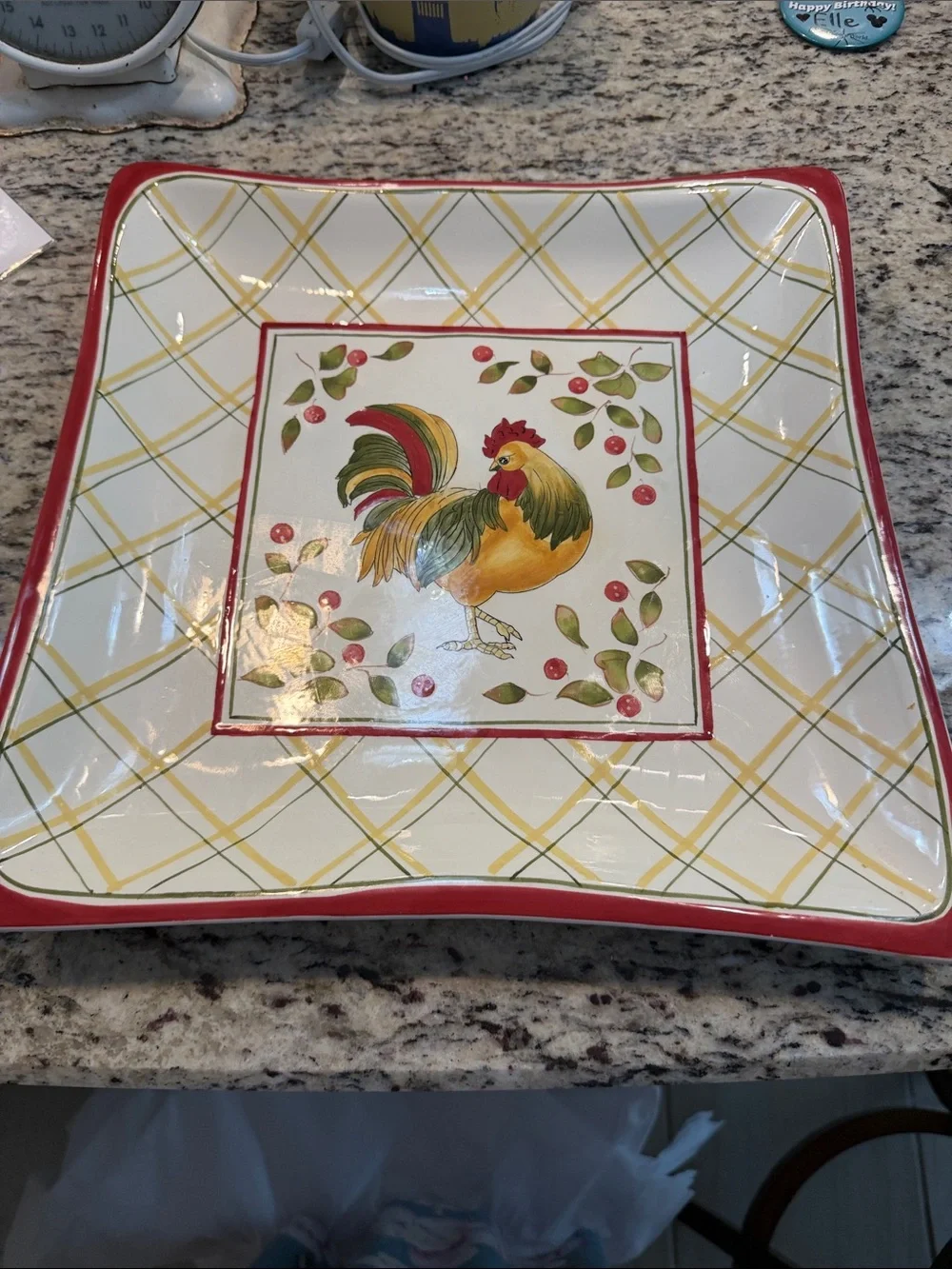 Royal Daulton 13” Rooster Square Serving Platter in Red, Yellow, Green